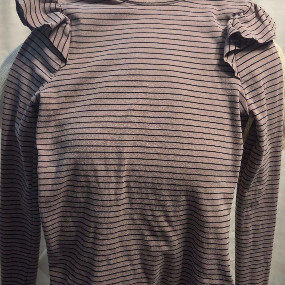 Oak & Trellis - Women's Brown/Black Striped Top with Ruffled Shoulders